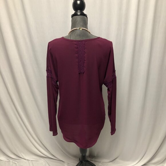 Xhilaration Top Womens Size Medium Burgundy Lace Inserts Long Sleeve Casual - Picture 4 of 6
